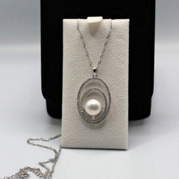 Natural Freshwater Pearl Necklace Pendant Double Layer Circle Zircon Silver NWT - Picture 5 of 11